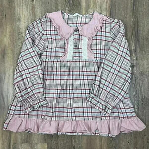 Ullala Women's S Pajama Top Ruffle Cottagecore Prairie Lace Plaid Long Sleeve